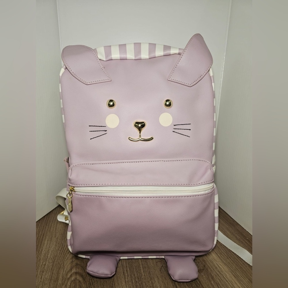 NWT Luv Betsey Johnson Cat Face Full Size 17" Lavender Striped School Backpack